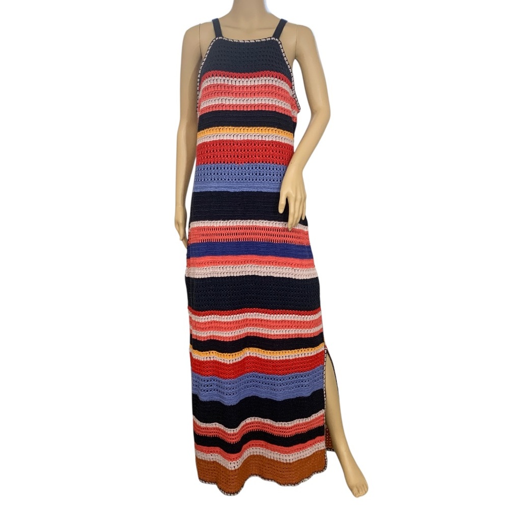 Betsey Johnson Womens Medium Multicolor Crochet Maxi Dress Lined Striped Beachy